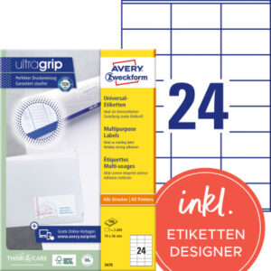 AVERY ZW. Etiketten              70x36mm 3475      weiss      2400 Stk./100 Blatt