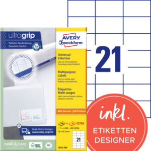 AVERY ZW. Etiketten            70x42,3mm 3652-200  weiss   4620 Stk./200+20 Blatt