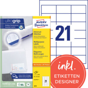 AVERY ZW. Etiketten              64x36mm 3670      weiss      2100 Stk./100 Blatt