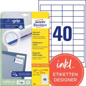 AVERY ZW. Etiketten (1000 Stück)      A4 4780      weiss  1200  Stk./25 + 5 Blatt