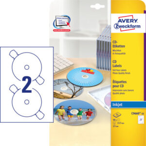 AVERY ZW. Etikette f. CD, glossy   117mm C9660-25  InkJet,SuperSize 50 St./25 Bl.