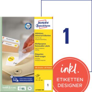 AVERY ZW. Universaletiketten   210x297mm L4735REV  weiss,non-perm. 100Stk./100Bl.