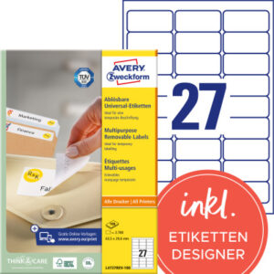 AVERY ZW. Universaletiketten 63,5x29,6mm L4737REV  weiss,non-perm.  2700Stk.100B.