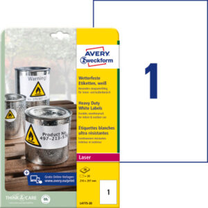 AVERY ZW. Laser-Etiketten      210x297mm L4775-20  weiss,wetterfest 20 St./20 Bl.