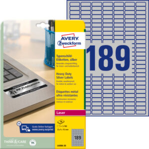 AVERY ZW. Typenschild-Labels   25,4x10mm L6008-20  silber, Laser  3780 St./20 Bl.