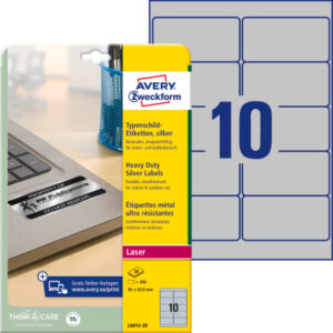 AVERY ZW. Typenschild-Labels   96x50,8mm L6012-20  silber, Laser 200 St./20 Blatt