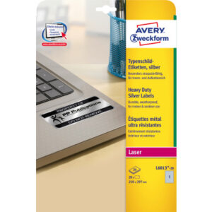 AVERY ZW. Typenschild-Labels   210x297mm L6013-20  silber,Laser   20 St./20 Blatt