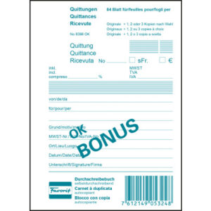 FAVORIT   Quittungen OK BONUS D/F/I   A6 8396 OK   Durchschreibepapier   84 Blatt