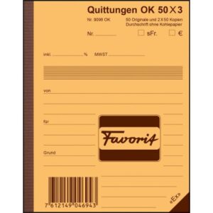 FAVORIT   Formularbuch Quittungen     A6 9098 OK   Durchschreibepapier 50x3 Blatt
