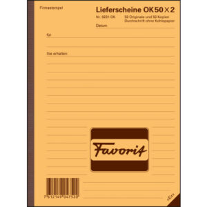 FAVORIT   Formularbuch Lieferscheine  A5 9231 OK   Durchschreibepapier 50x2 Blatt
