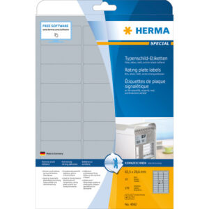 HERMA     Typenschild-Etik.  63,5x29,6mm 4592      silber,PP matt 270 Stk./10 Bl.