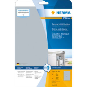 HERMA     Typenschild-Etik.    210x297mm 4593      silber,PP matt  10 Stk./10 Bl.