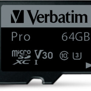 VERBATIM  Micro SDXC Pro U3         64GB 47042     Read 90MB/sec. Write 45MB/sec