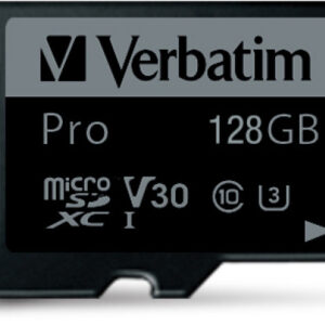 VERBATIM  Micro SDXC Pro U3        128GB 47044     Read 90MB/sec. Write 45MB/sec