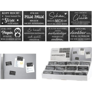ROOST     Magnete Schiefer mit Spruch 10039650  12-fach assortiert