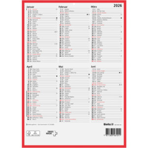 BIELLA    Wandkalender              2026 871407900 6M/1S rot/weiss DE   21x29.7cm