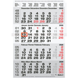 BIELLA    4-Monatskalender Wire-O   2026 889040000 4M/1S grau ML          31x47cm