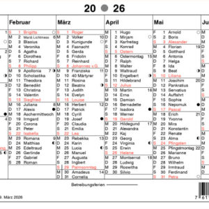 SIMPLEX   Wandkalender m.Namenstag  2026 4032440   6M/1S rot/weiss DE     A5 quer