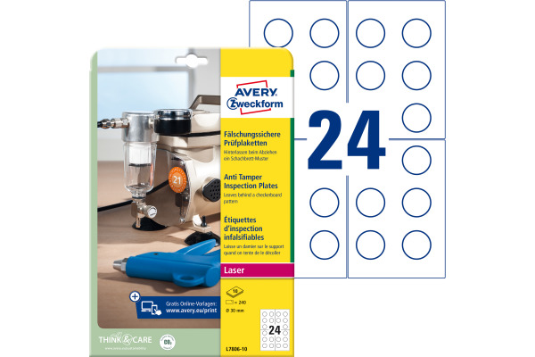 AVERY ZW. Prüfplaketten 30mm L7806-10 weiss, perm. 10 Bl.240Stk.