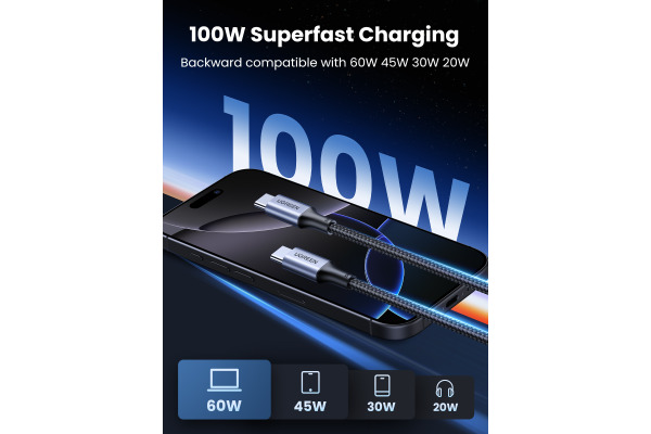 UGREEN Fast ChargingCable 100W Max 70427 5A,USB-C-USB-C,PD,Black 1m – Bild 3