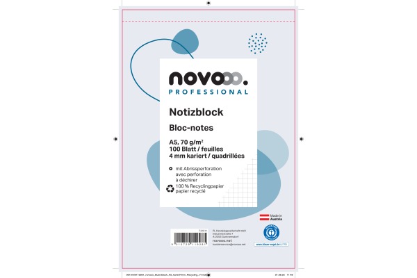 NOVOOO Notizblock recycling A5 731511 kariert 4mm, 70g 2x100 Blatt