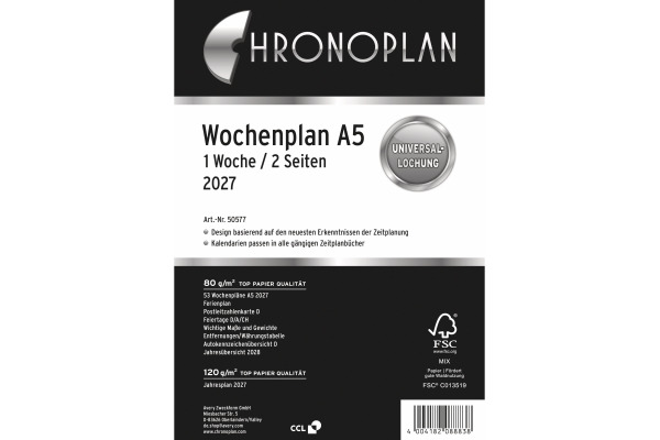 CHRONOPLA Ersatz Wochenplan 2027 50577Z.27 1W/2S in Zeilen A5