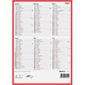BIELLA Wandkalender 2027 871407900 6M/1S rot/weiss DE 21x29.7cm