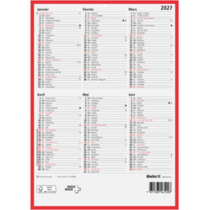 BIELLA Wandkalender 2027 871407910 6M/1S rot/weiss FR 21x29.7cm