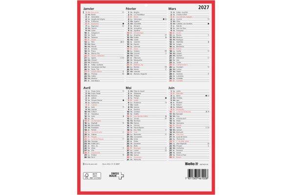BIELLA Wandkalender 2027 871407910 6M/1S rot/weiss FR 21x29.7cm