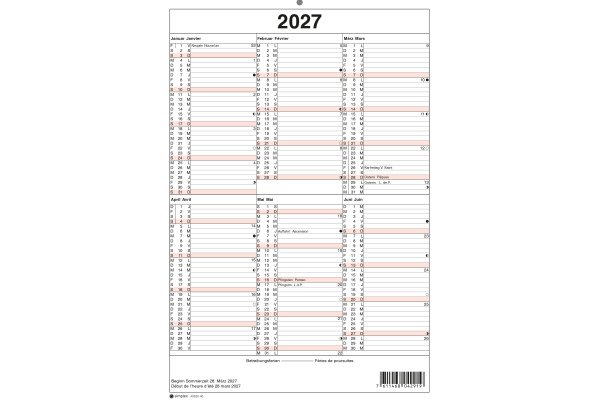 SIMPLEX Wandkalender 2027 4032040 6M/1S rot/weiss DE/FR A4 hoch