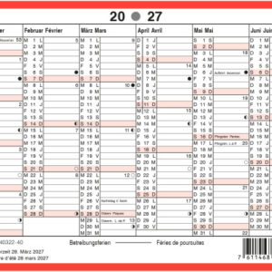SIMPLEX Wandkalender 2027 4032240 6M/1S rot/weiss DE/FR A6 quer