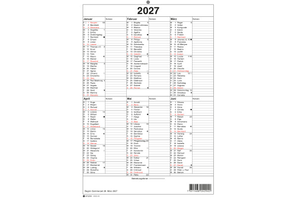 SIMPLEX Wandkalender m.Namenstag 2027 4032340 6M/1S rot/weiss DE A4 hoch