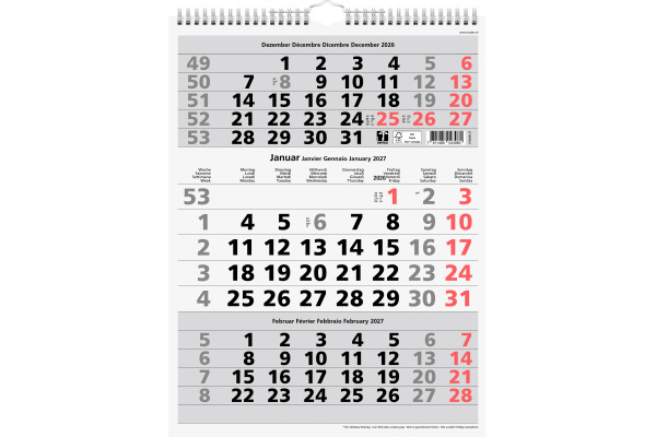 SIMPLEX 3-Monats-Wandkalender 2027 970009.27 3M/1S rot 31x40cm