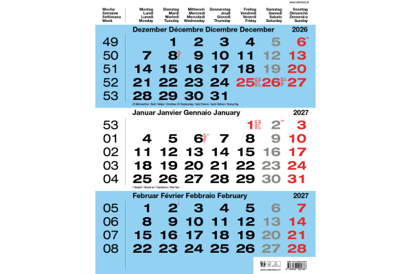 CALENDARI 3-Monats-Wandkalender 2027 36205786 blau 31x40cm