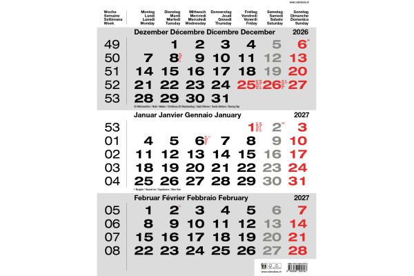 CALENDARI 3-Monats-Wandkalender 2027 36205793 grau 31x40cm